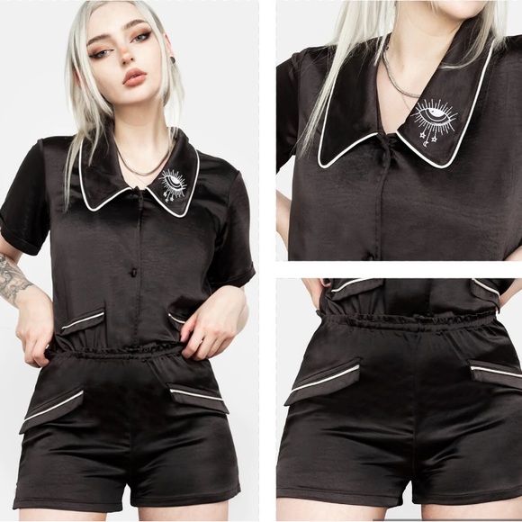 Disturbia Other - DISTURBIA Lullaby Satin Pajamas Shorts Set Peter Pan Collar Embroidered Black 8